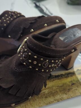 Michael Kors Brown Suede Studded Fringe Mules